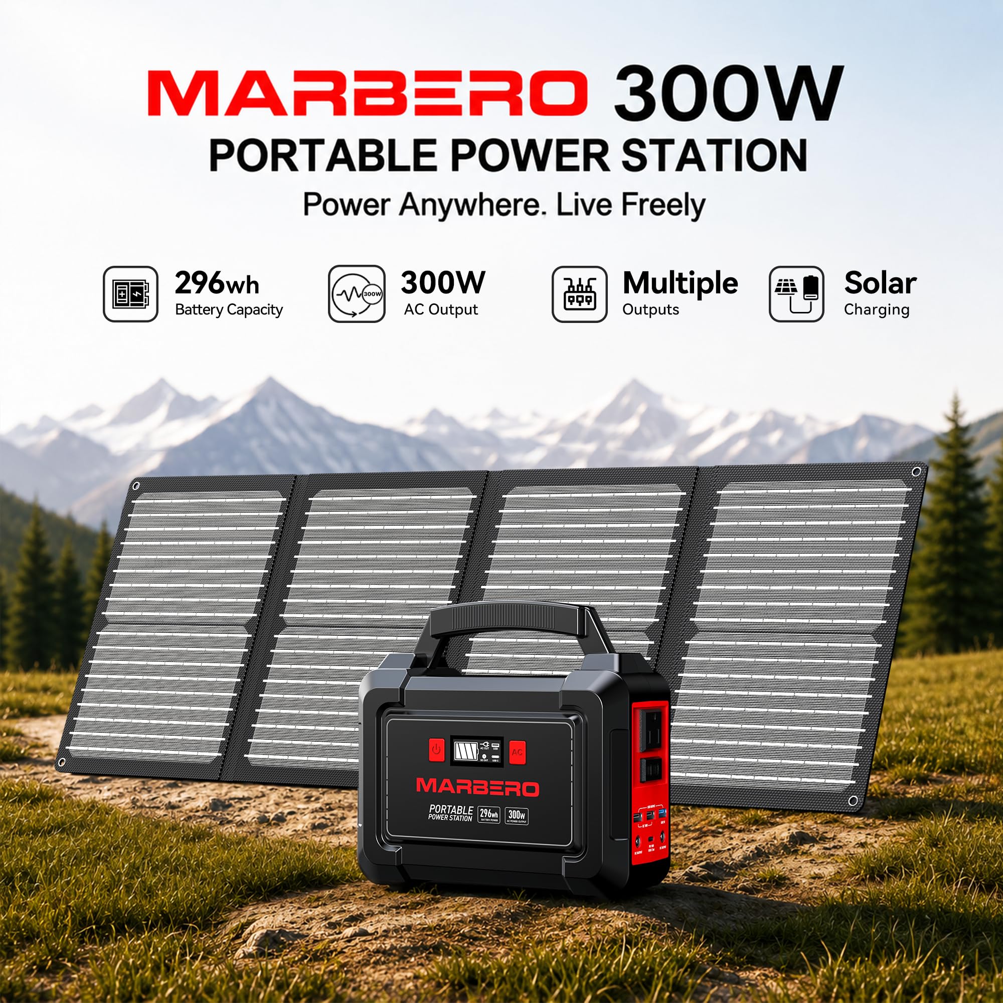 MARBERO unfolded solar panel in sunlight charging the station, efficient output