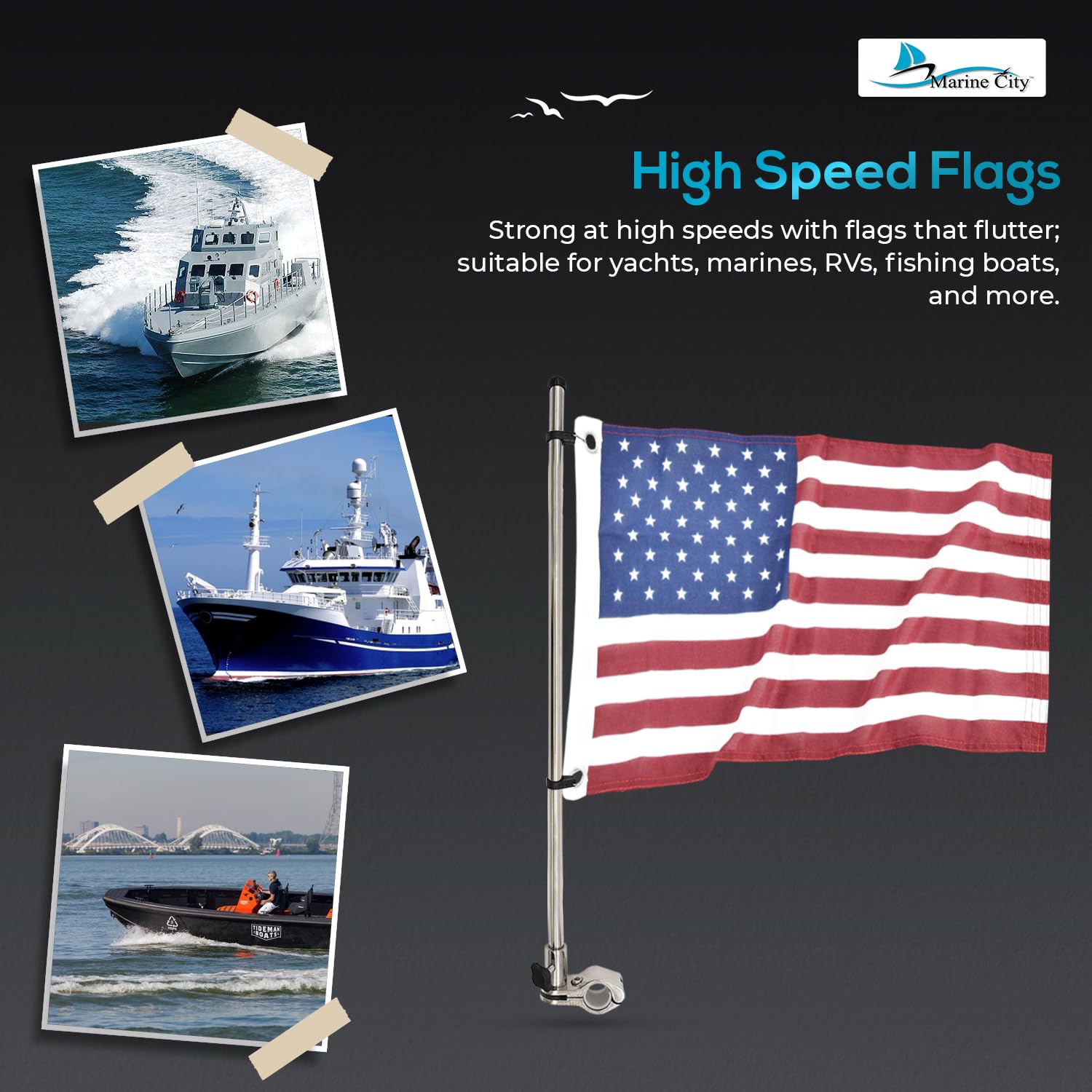 MARINE CITY flag attached and flying illustrating clean display and reduced wrap