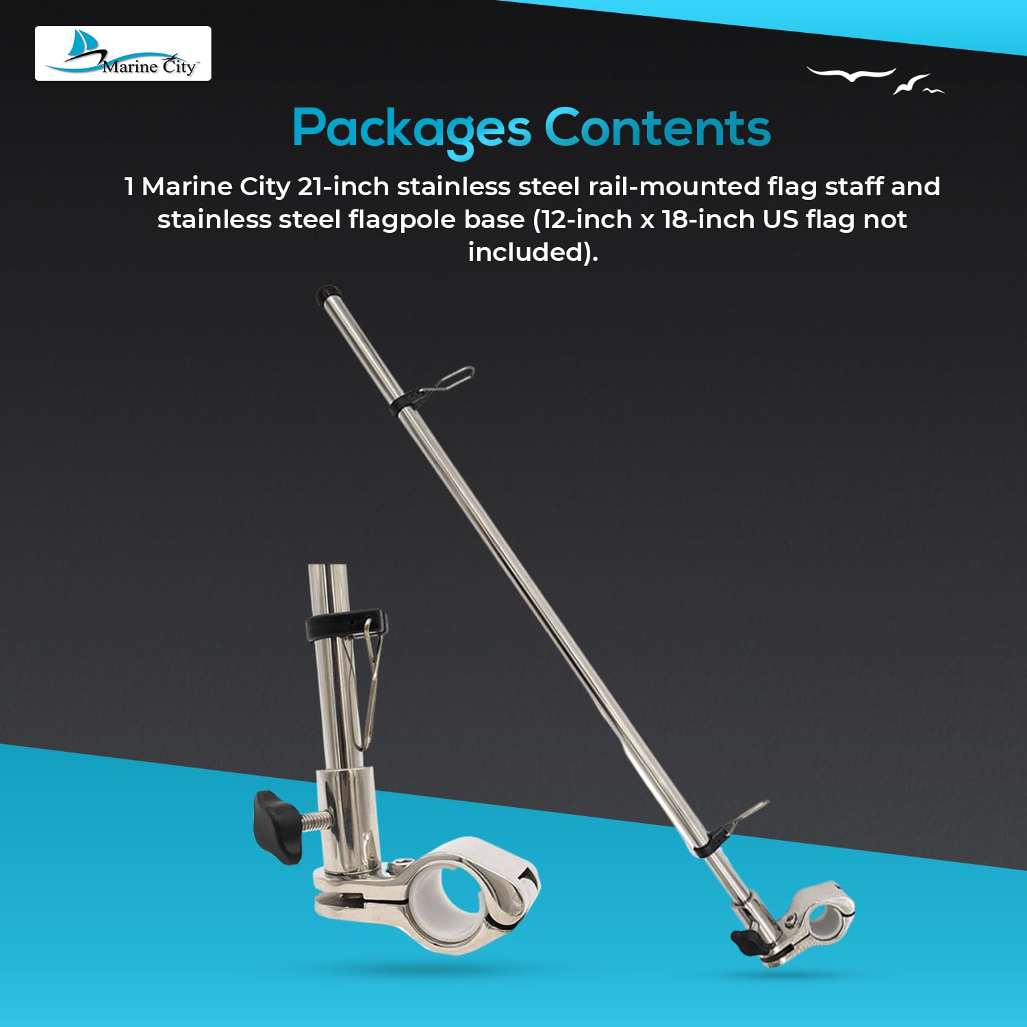 MARINE CITY package contents with pole and base showing ready-to-install components