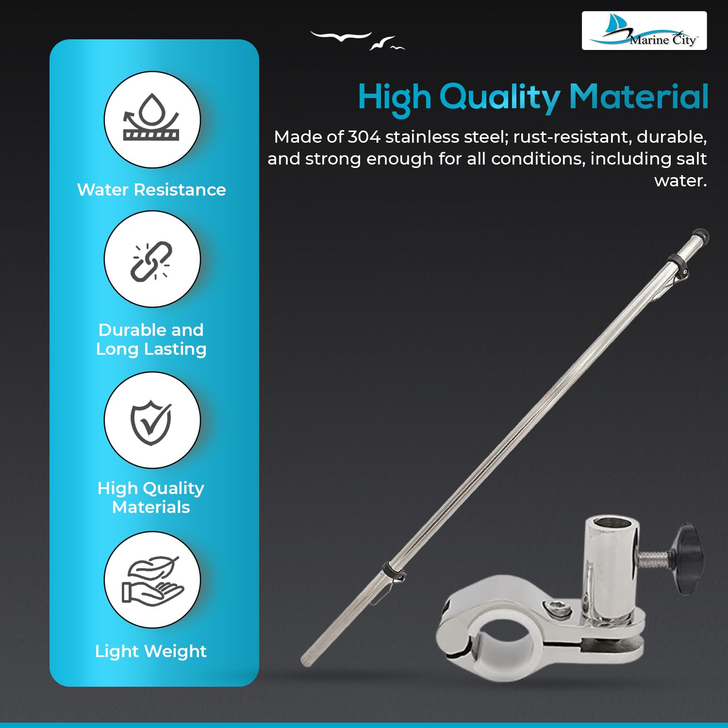 MARINE CITY pole mounted on yacht rail demonstrating secure fit and tidy display