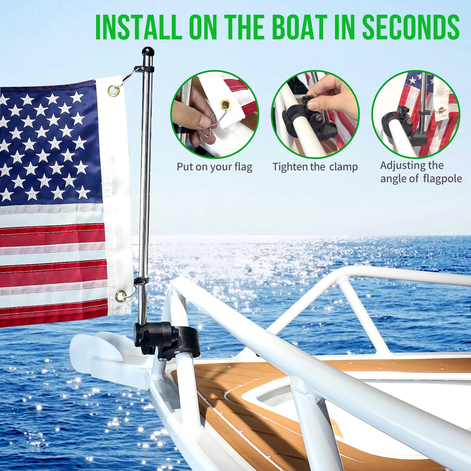 Marinebaby pole mounted on boat rail displaying a flag for visibility