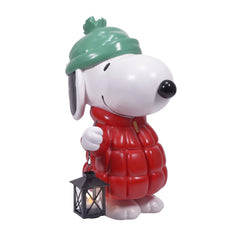 Mark Feldstein Snoopy front view showing cheerful puffer jacket and lantern benefit: welcoming decor