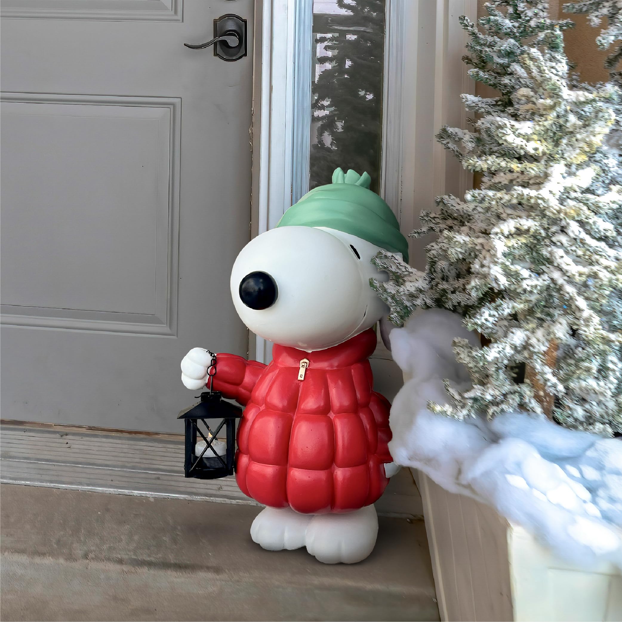 Mark Feldstein Snoopy lifestyle porch setting showing placement benefit: instant holiday greeting