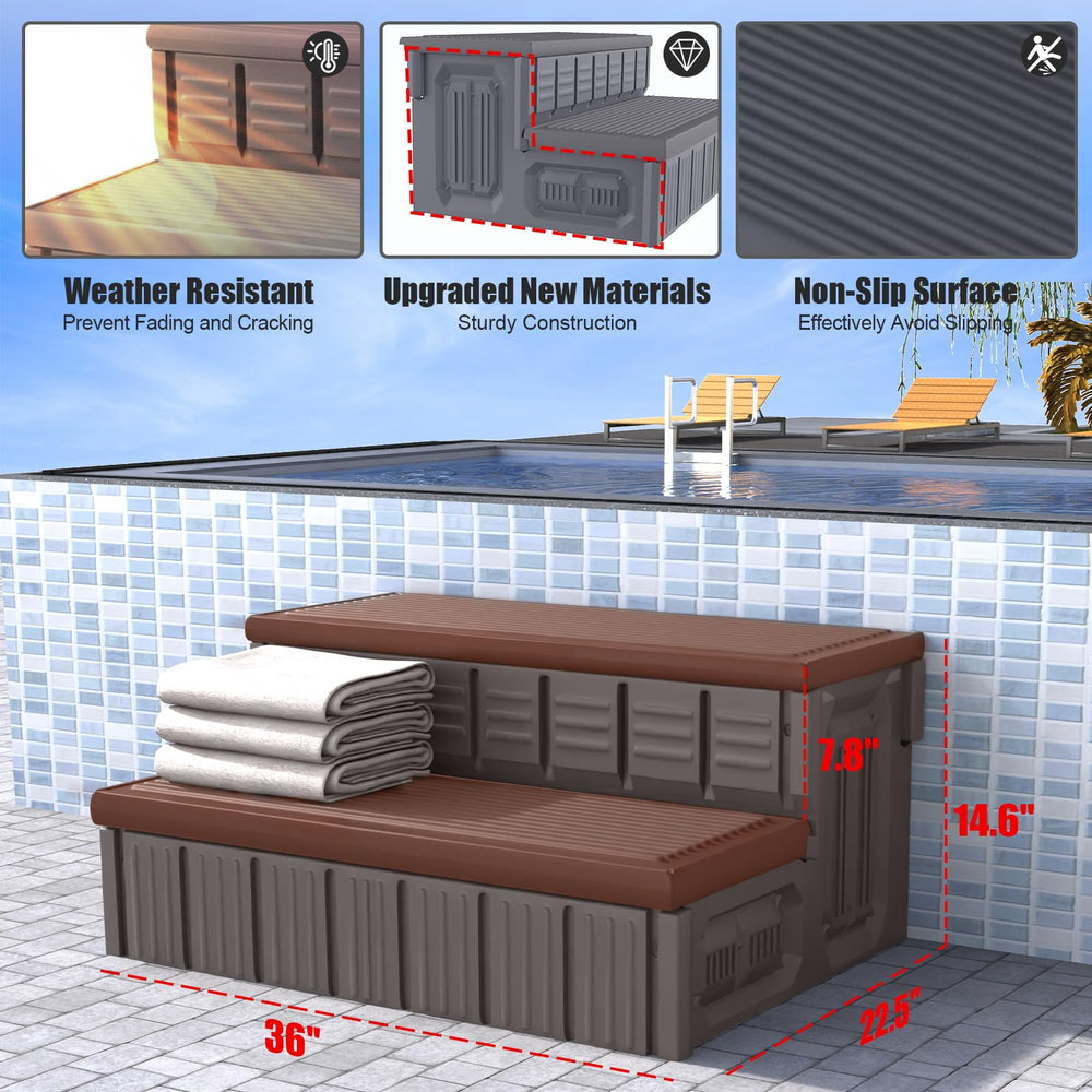 MARKETTY step placed in backyard by hot tub demonstrating neat storage and style