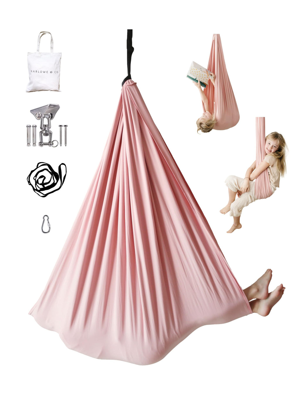 Marlowe & Co swing front view showing vintage rose pod and inviting entrance benefit calming privacy