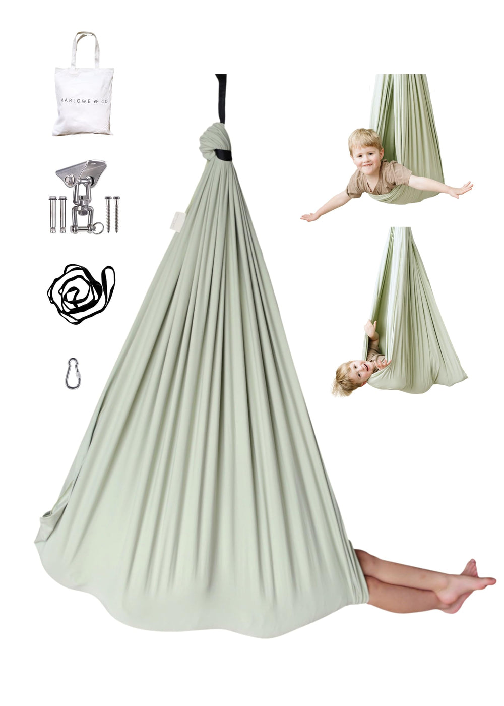 Marlowe & Co front view of desert sage sensory swing showing cocoon shape and calming color benefit
