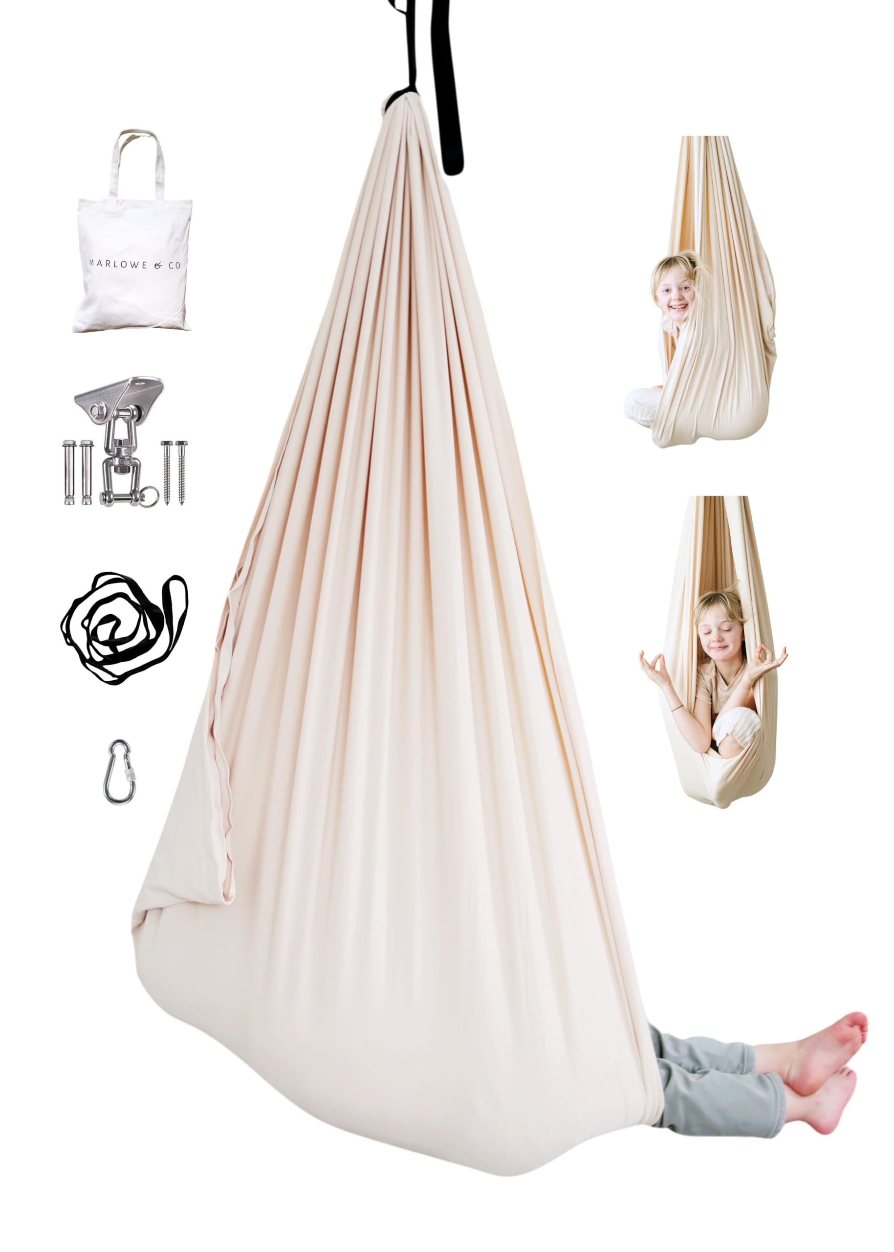 Marlowe & Co front view of sensory swing showing cocoon shape and oat color comfort