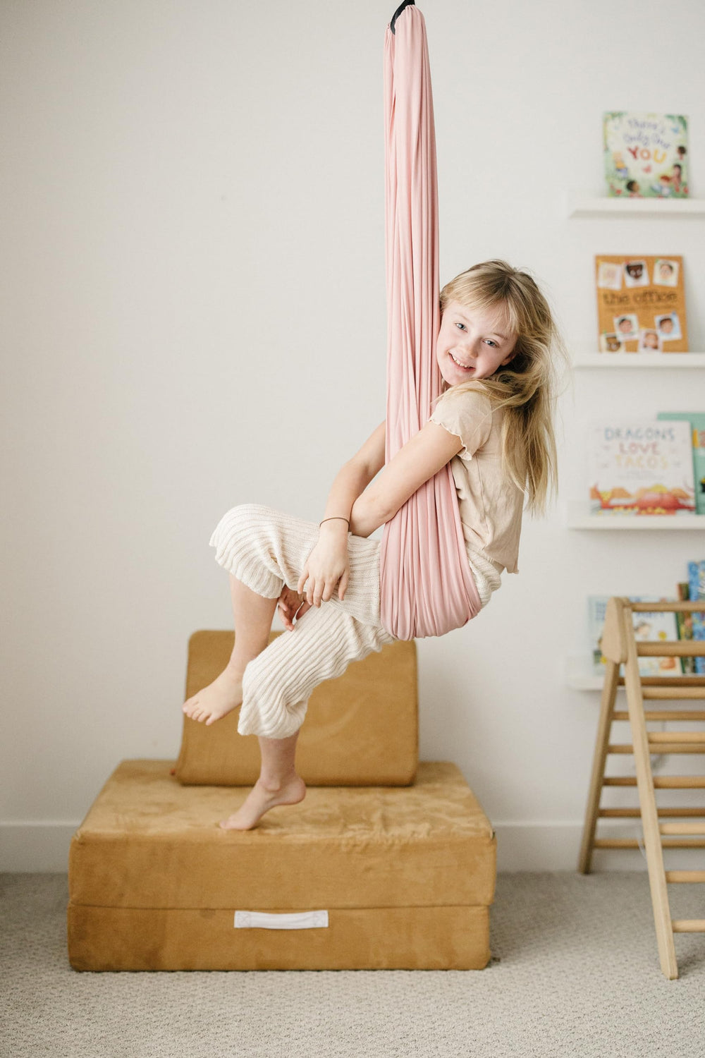 Marlowe & Co swing mounted to ceiling beam illustrating safe, space-saving indoor installation