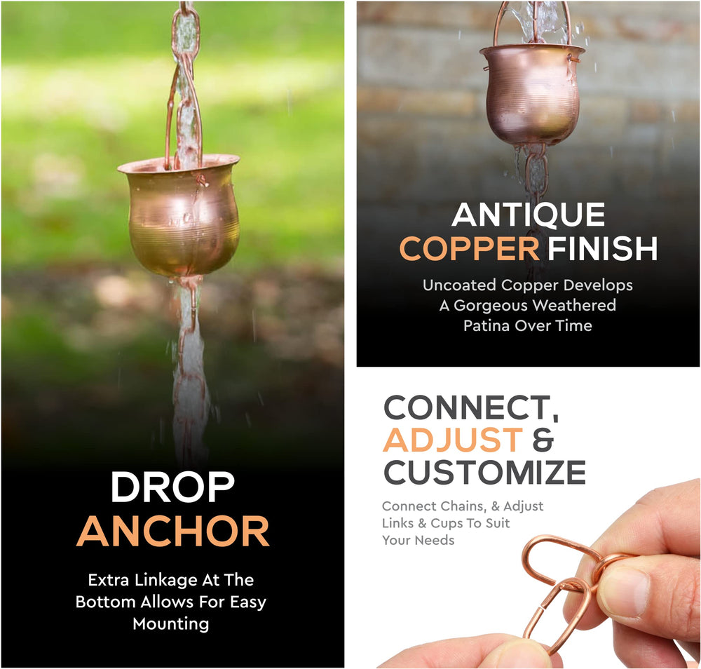 Marrgon rain chain in garden setting adds charm and soothing sound