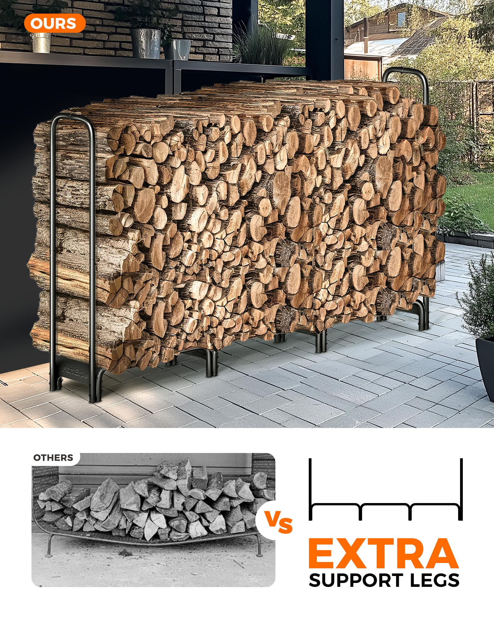 Mars Explo assembled rack by backyard fire pit offering neat organized wood