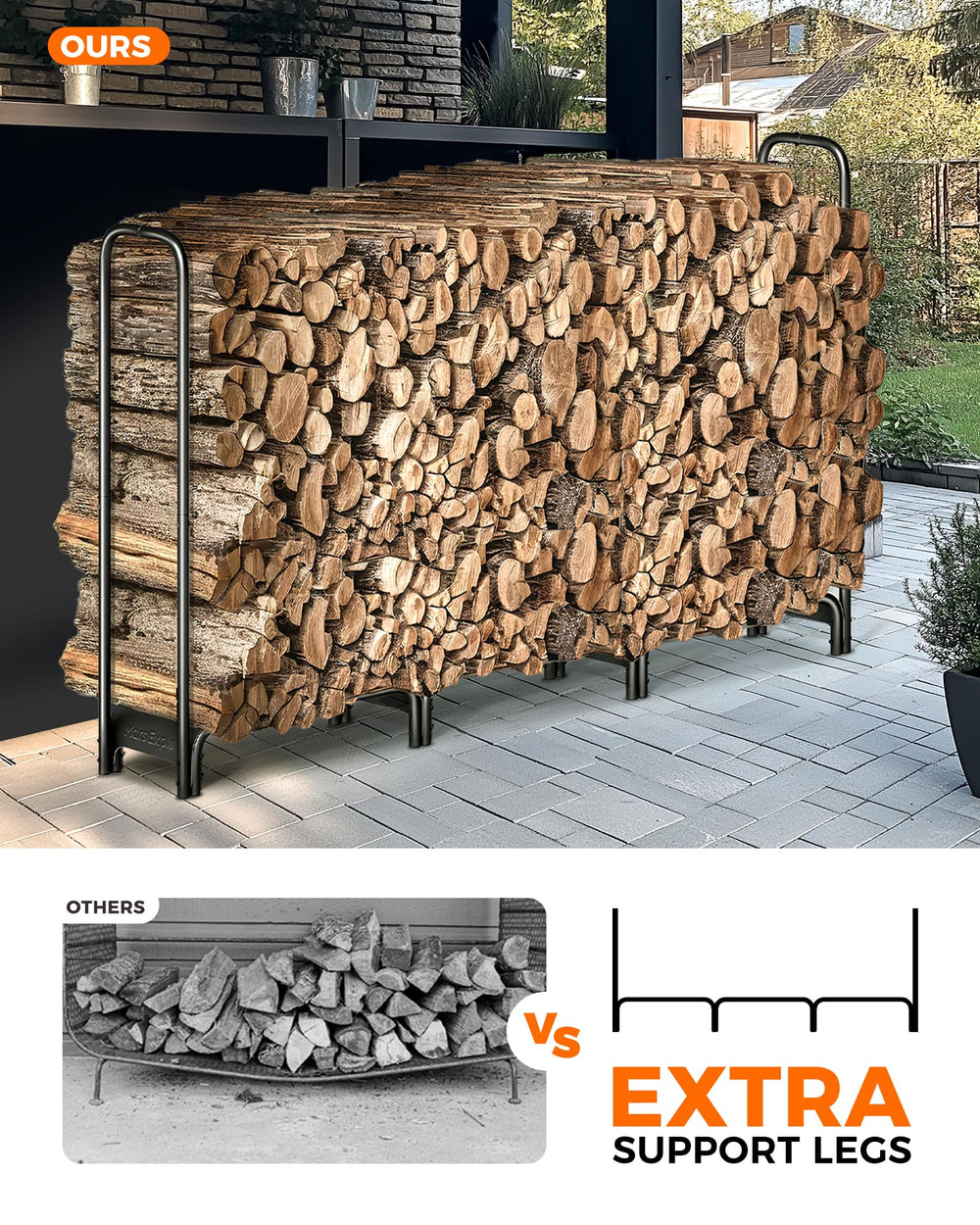Mars Explo assembled rack by backyard fire pit offering neat organized wood
