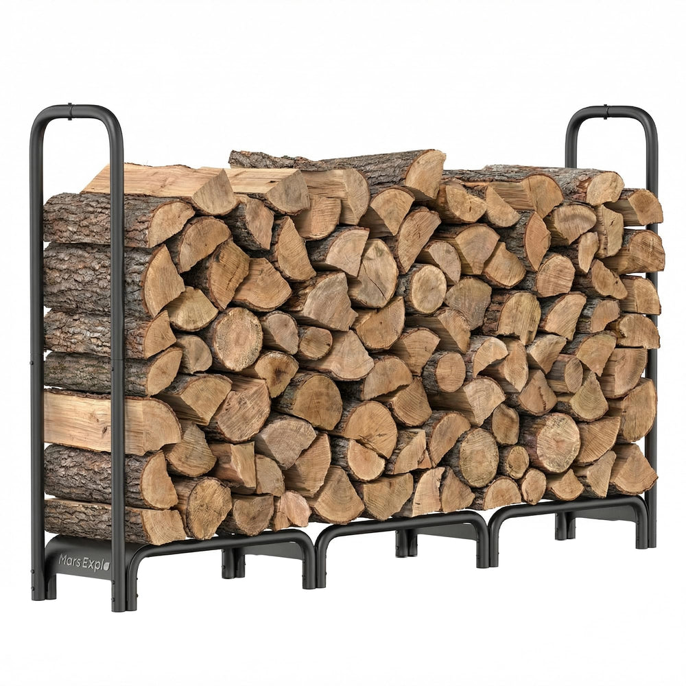 Mars Explo front view of 6ft firewood rack showing sturdy storage benefit