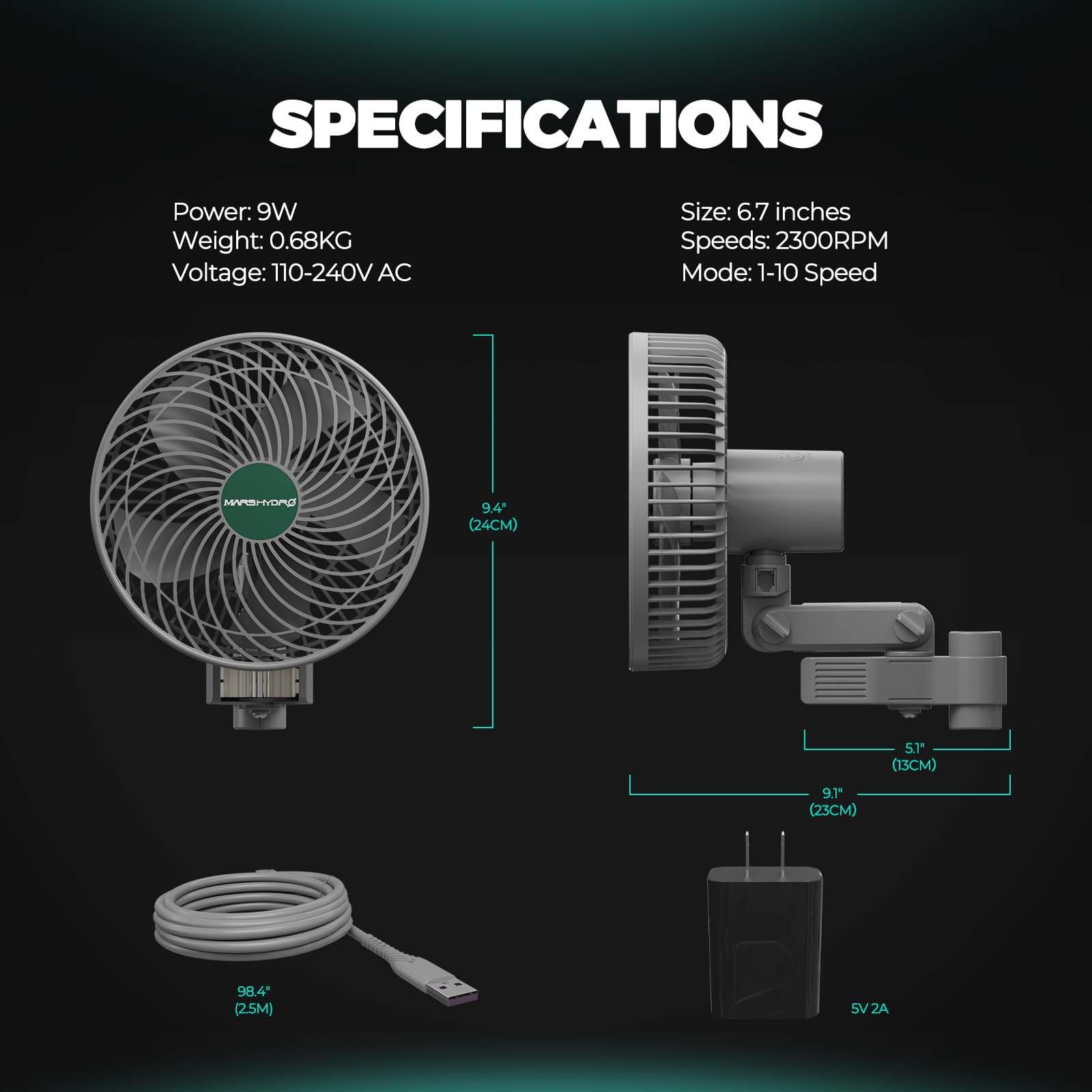 MARS HYDRO fan next to hand showing compact size and portability