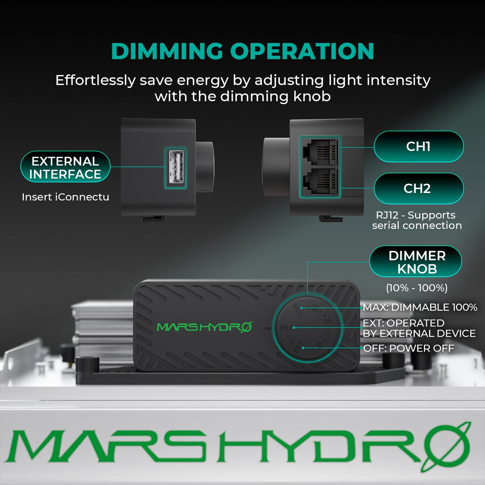 MARS HYDRO TS3000 dimmer box controls showing manual and smart options