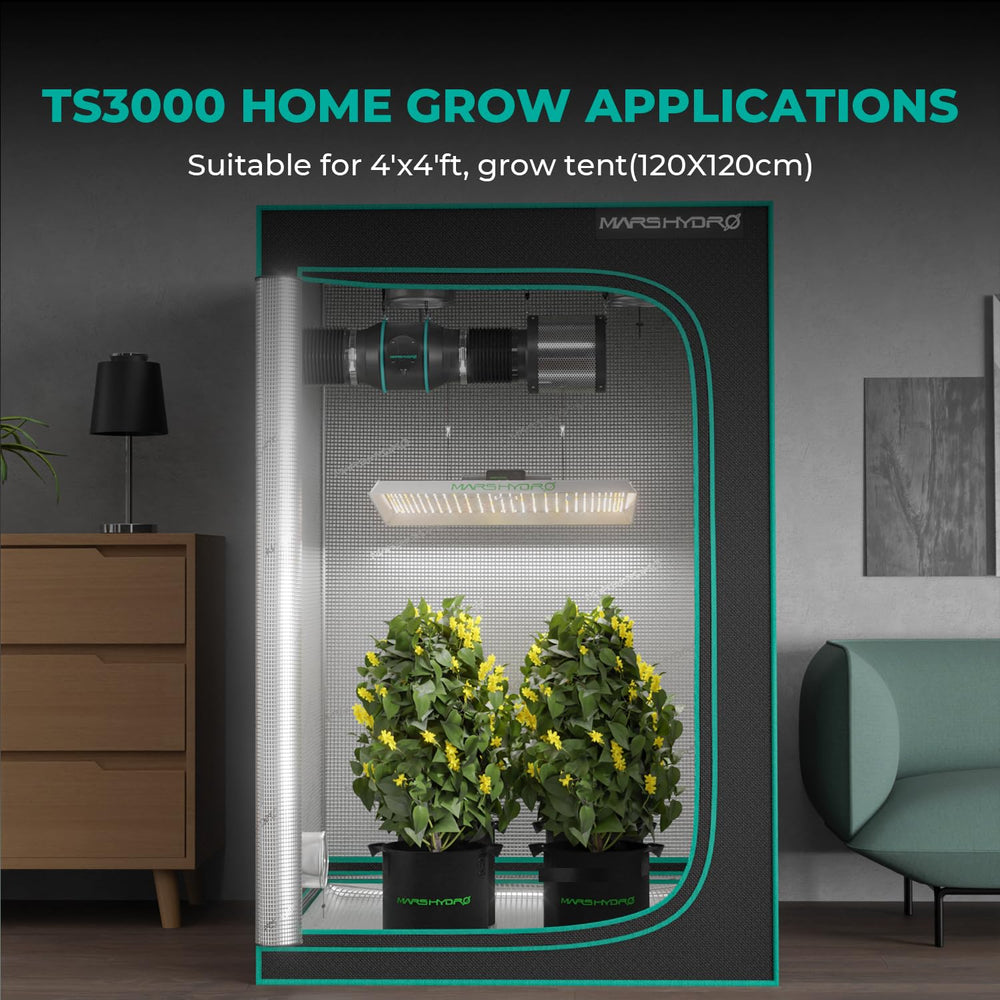 MARS HYDRO TS3000 on canopy with healthy plants illustrating improved growth
