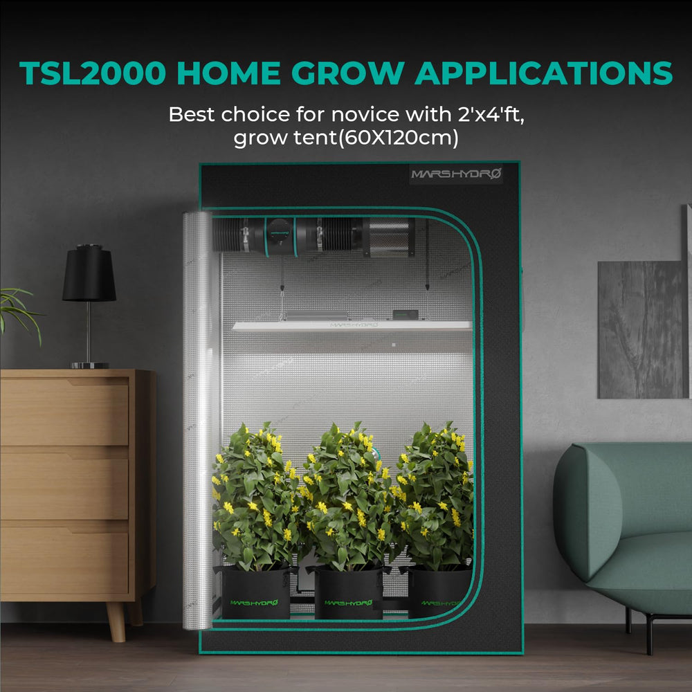 MARS HYDRO TSL2000 product label closeup listing wattage, spectrum and certifications