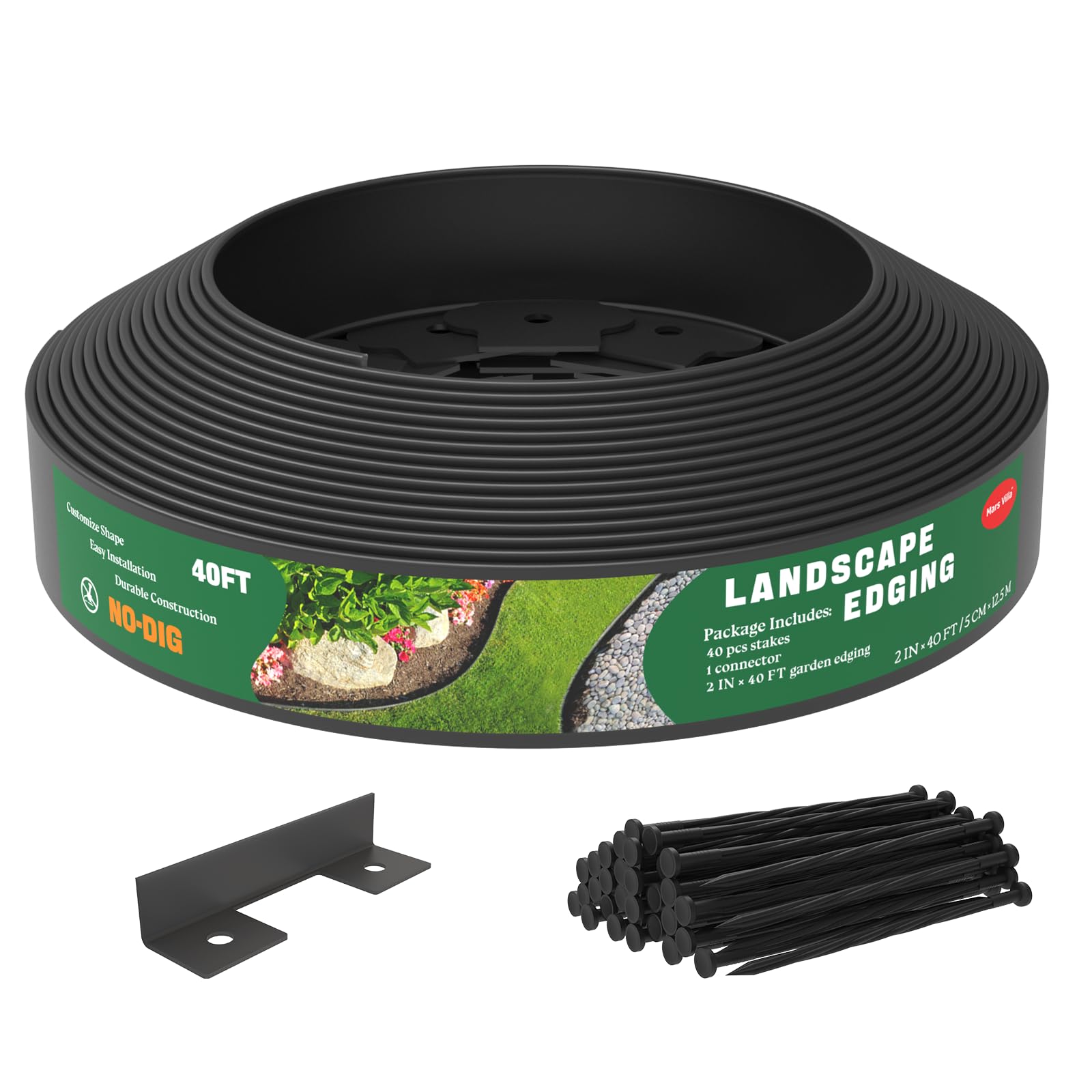 Mars Villa front packaging showing 2 inch, 40ft kit and included stakes benefit tidy borders