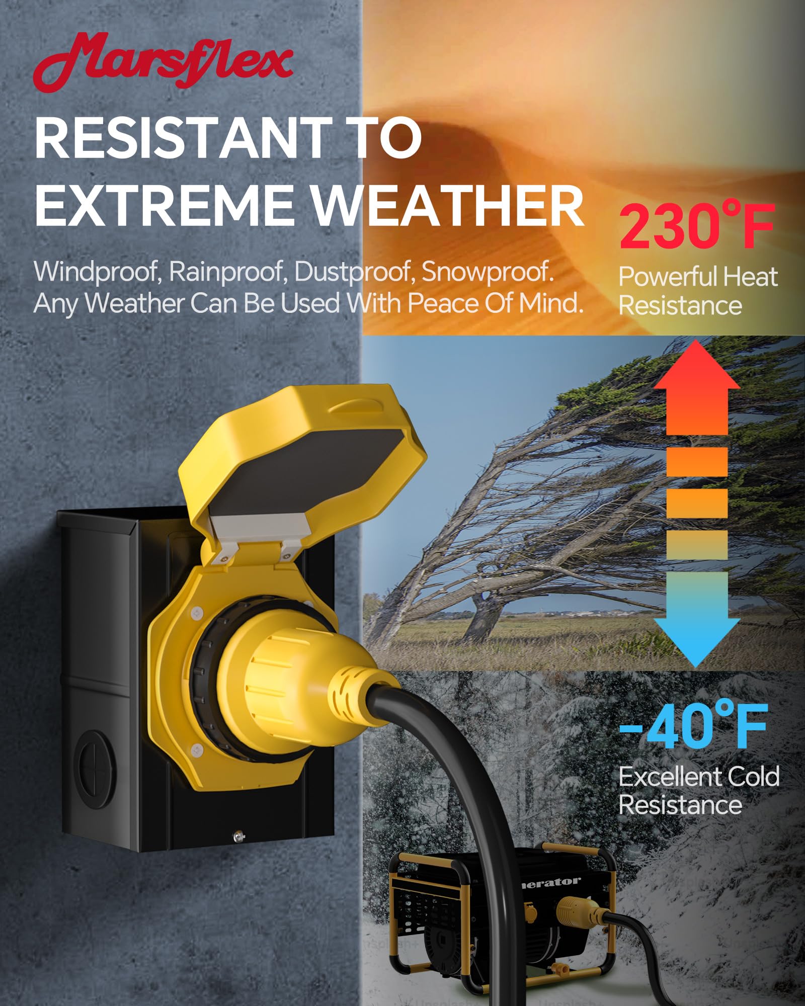 Marsflex cord connected from generator to inlet box demonstrating reliable backup power hookup