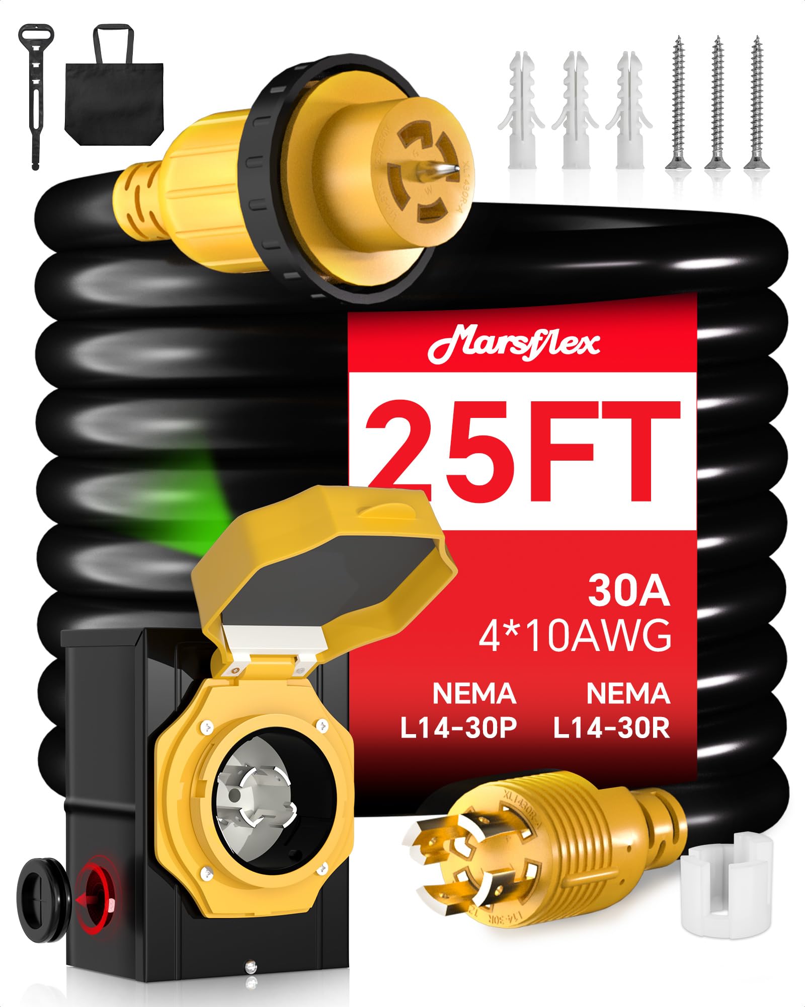 Marsflex inlet box and 25FT cord front view showing durable weatherproof design and quick hookup benefit