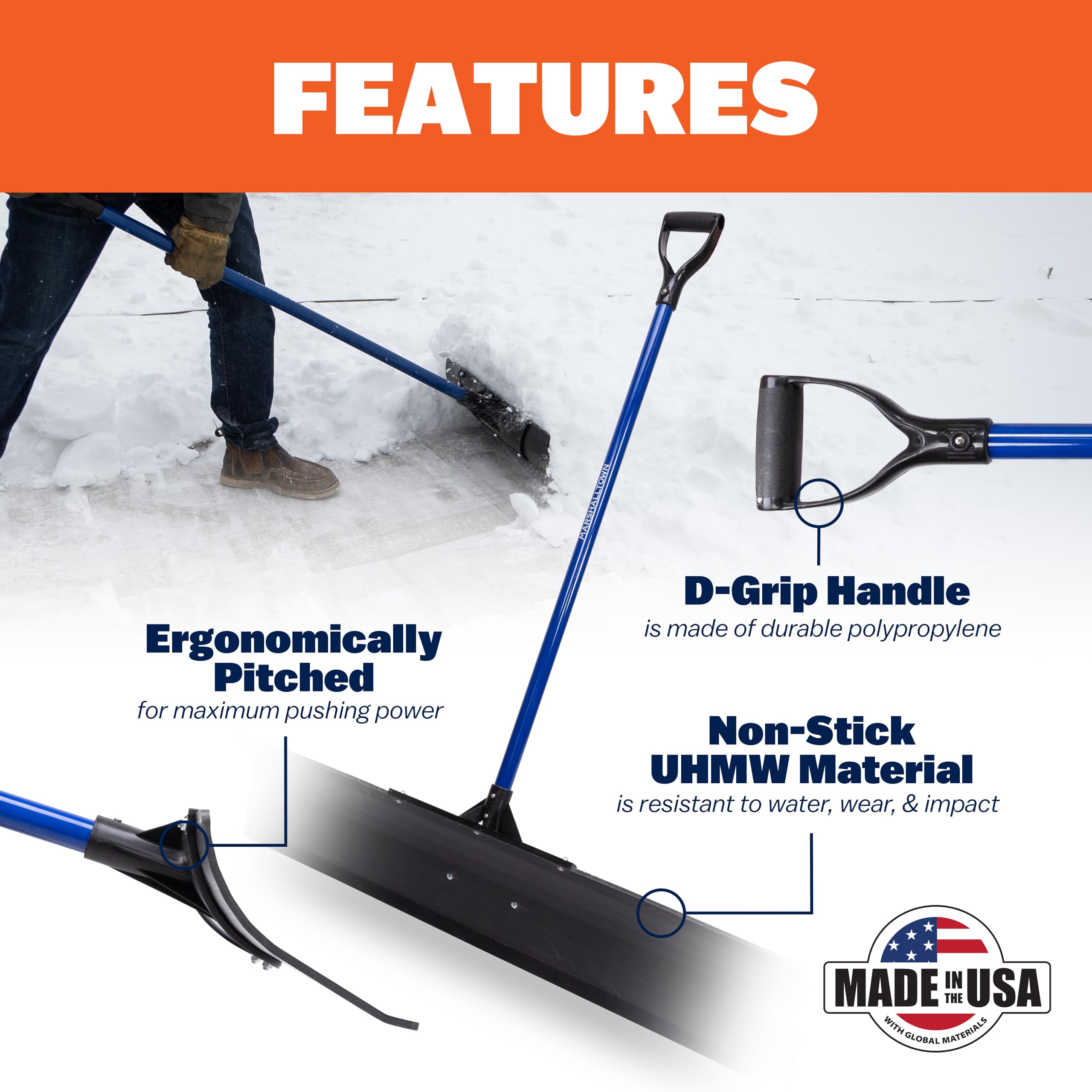 MARSHALLTOWN Polar Pusher close-up of UHMW blade for long-lasting wear resistance
