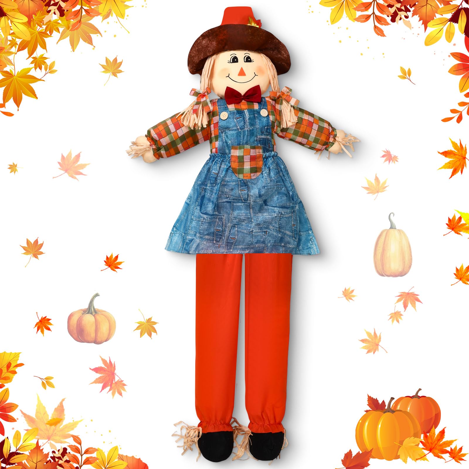 Marsui full-length scarecrow front view showing bright outfit and easy yard placement benefit