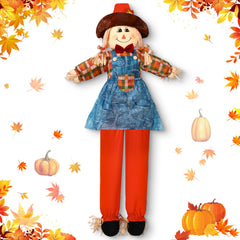 Marsui full-length scarecrow front view showing bright outfit and easy yard placement benefit