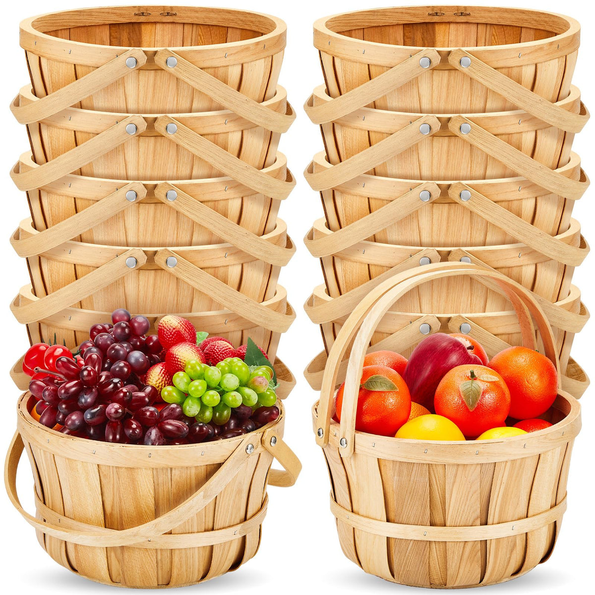 Marsui front view of all ten baskets showing consistent rustic finish and handles for easy transport