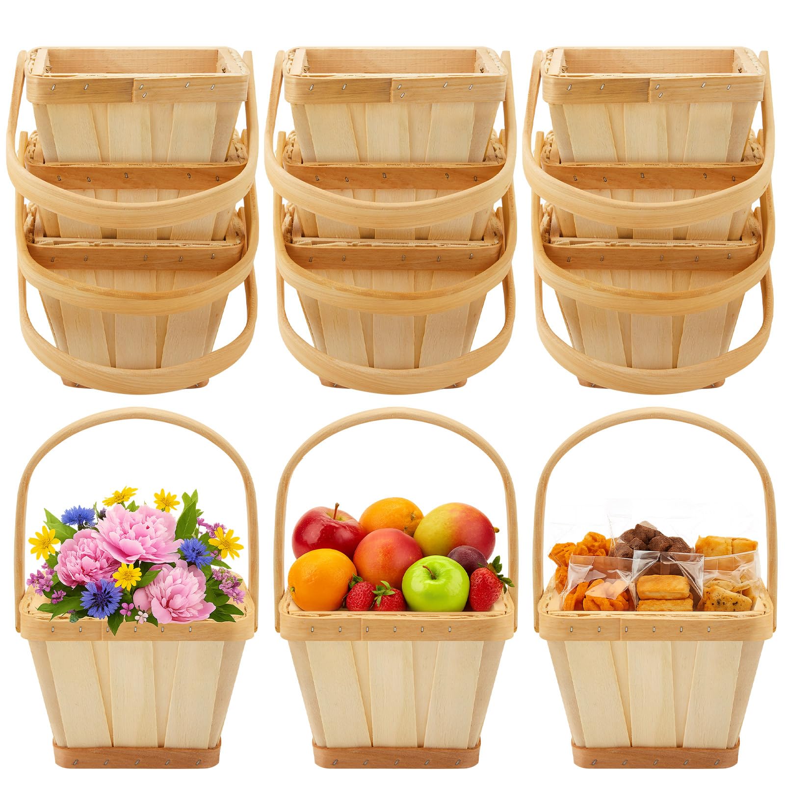 marsui front view showing 10 mini wooden baskets, rustic display benefit