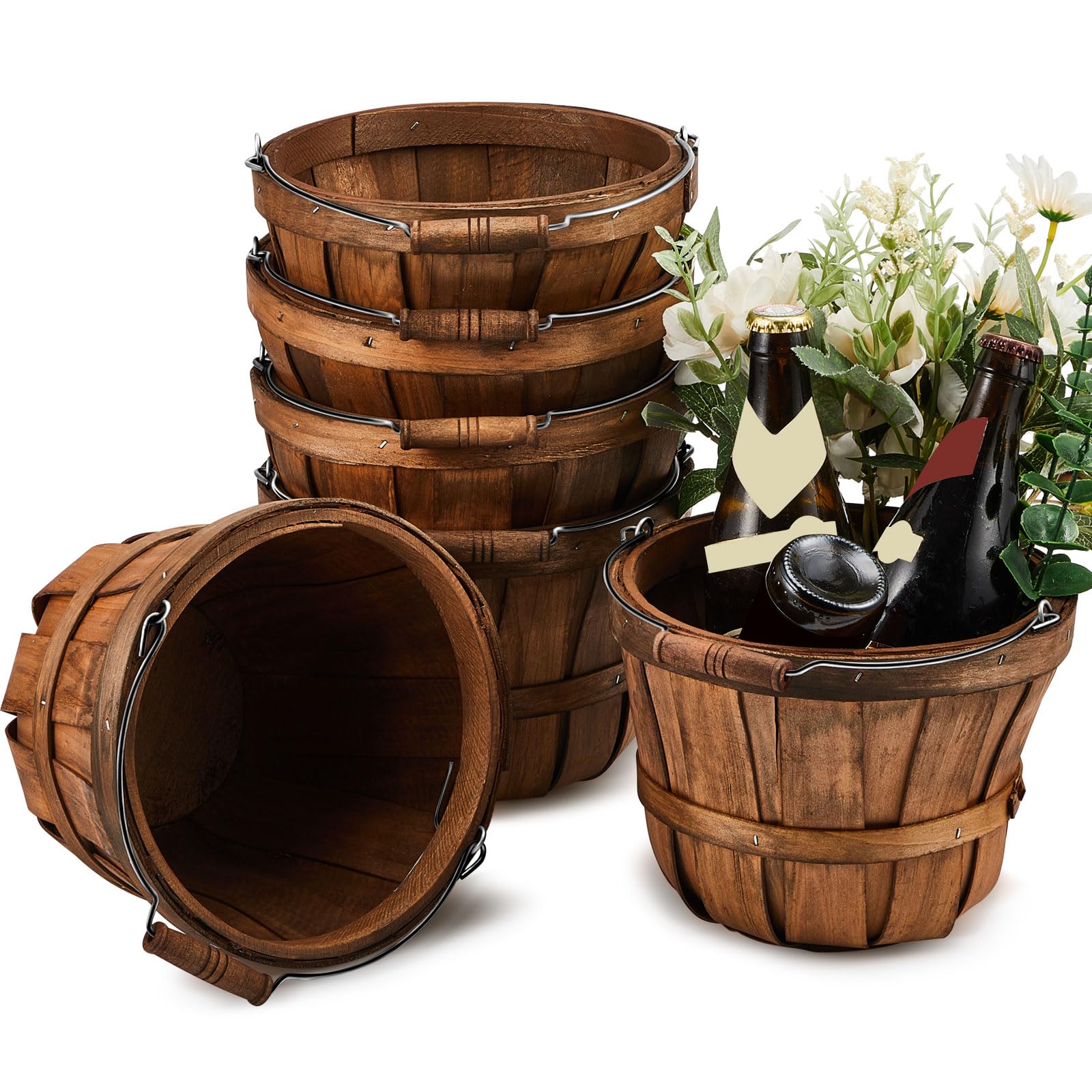 Marsui front view of six dark brown wooden baskets showing compact set and handles