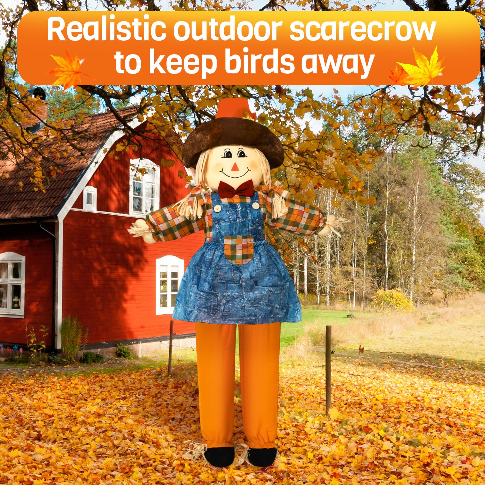 Marsui scarecrow in garden beside pumpkins showing scale and seasonal focal-point benefit
