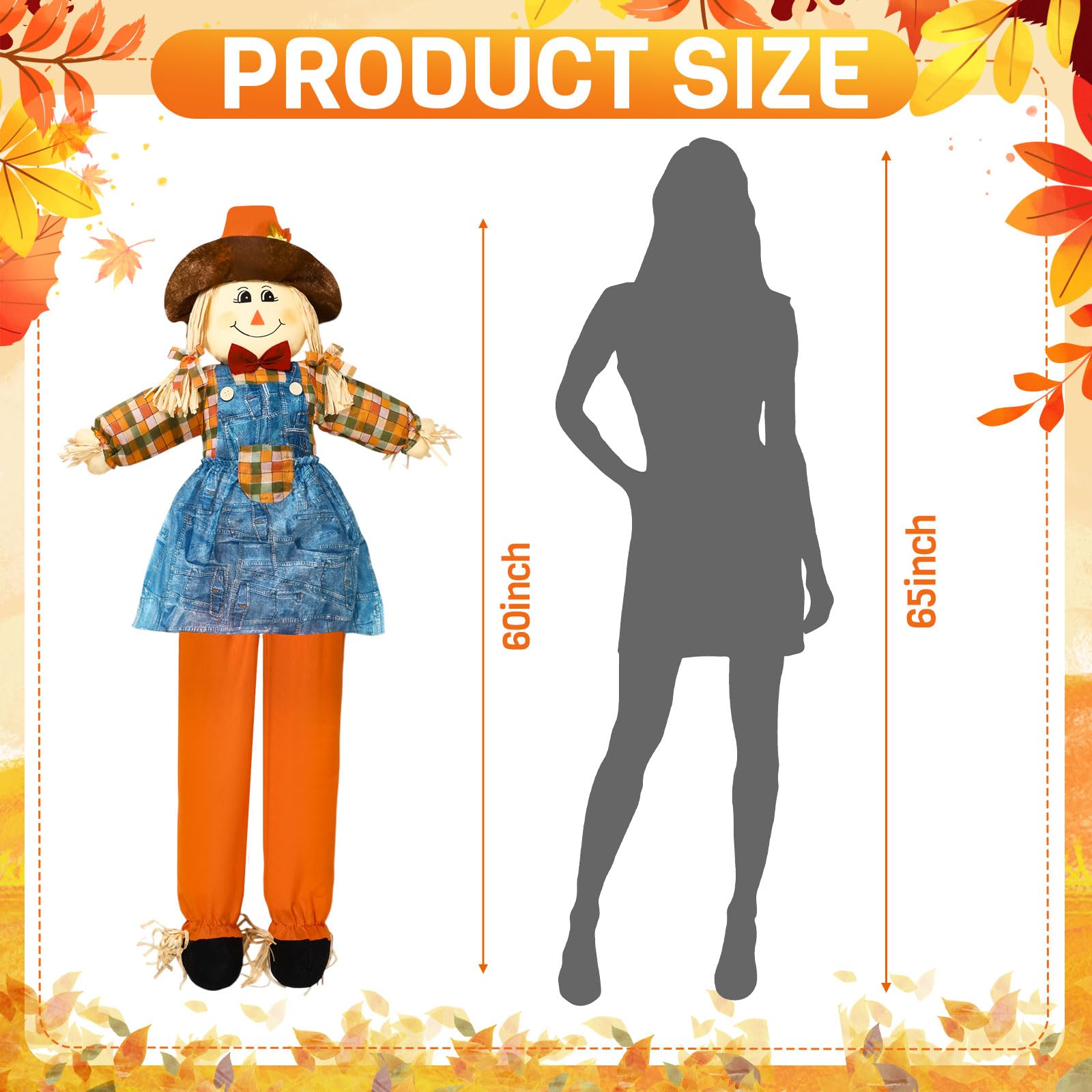 Marsui scarecrow seated on a porch creating welcoming fall décor and easy setup benefit