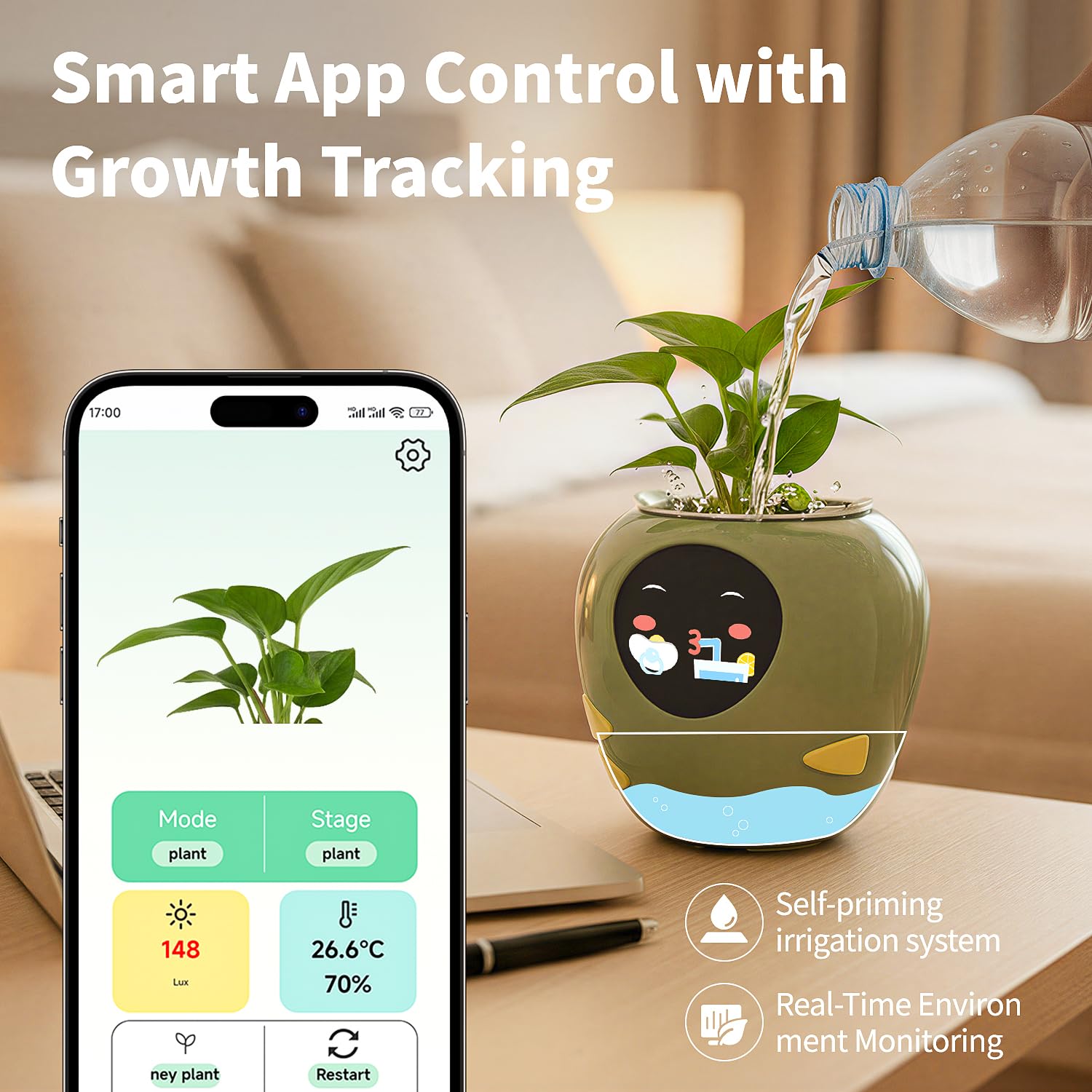 Masdio Plantbot on a workspace with succulent, brings personality and easy plant care