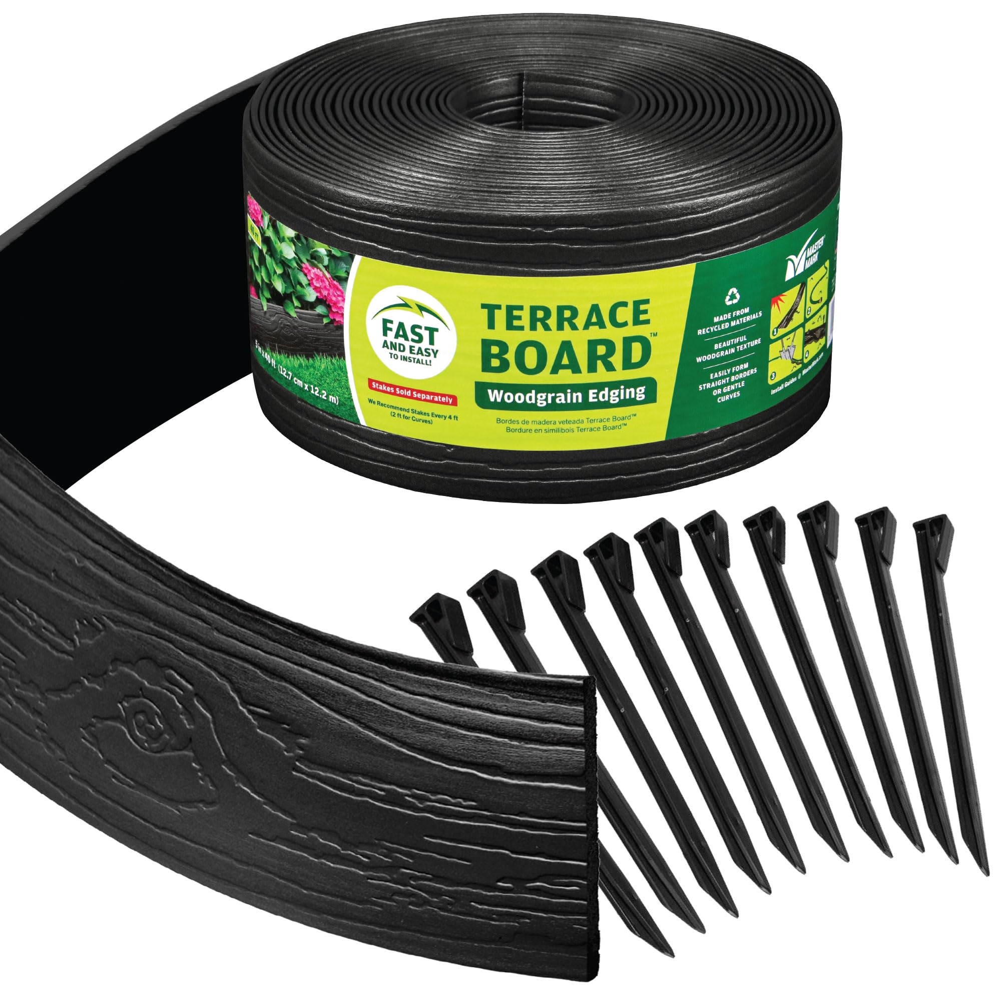 Master Mark front packaging showing roll and included stakes for easy installation