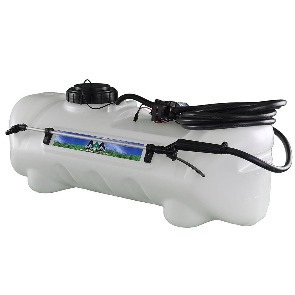 Master Mfg front view of 15 gallon sprayer showing compact tank and fittings, easy mounting
