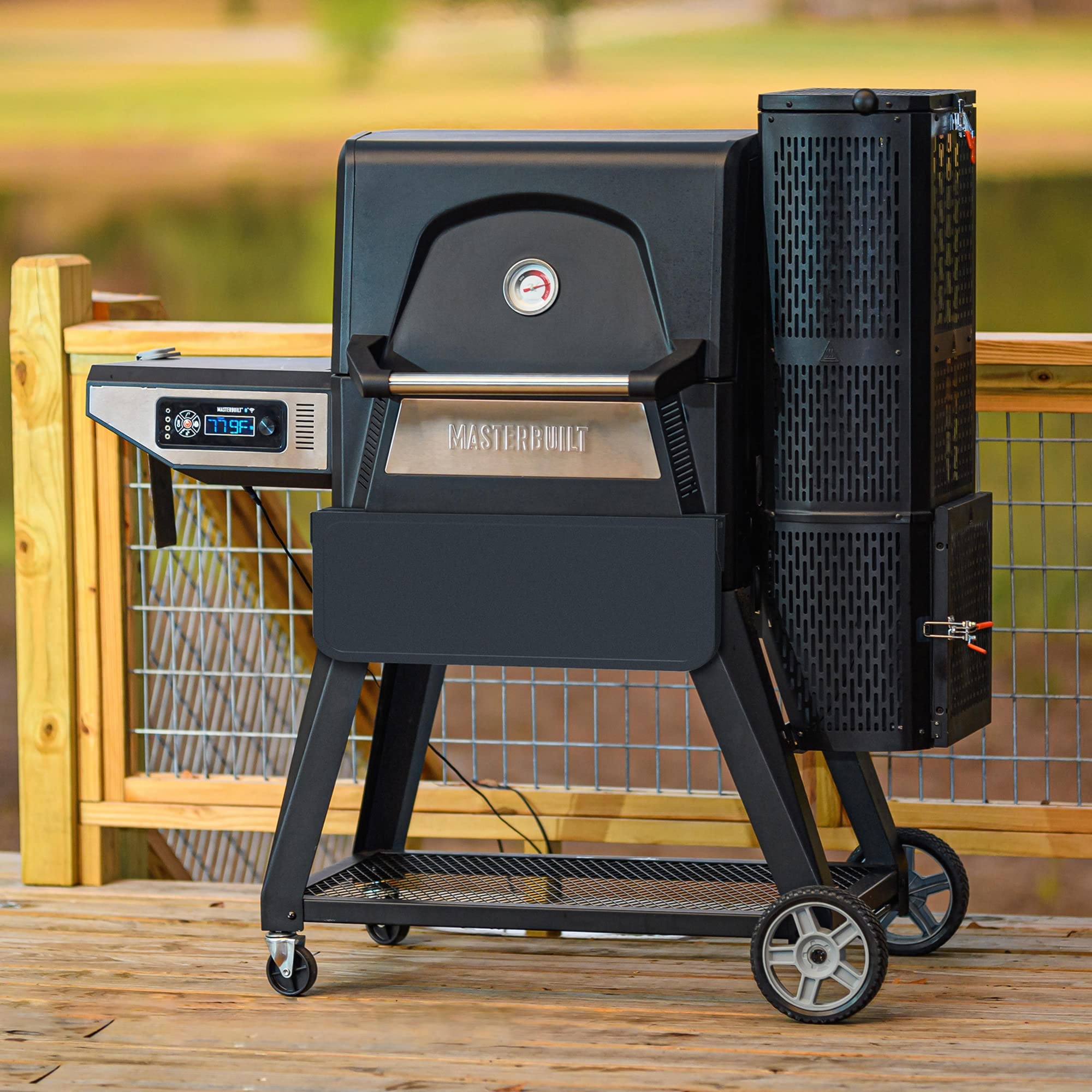 Masterbuilt shelf in a backyard cooking scene offering convenient staging area