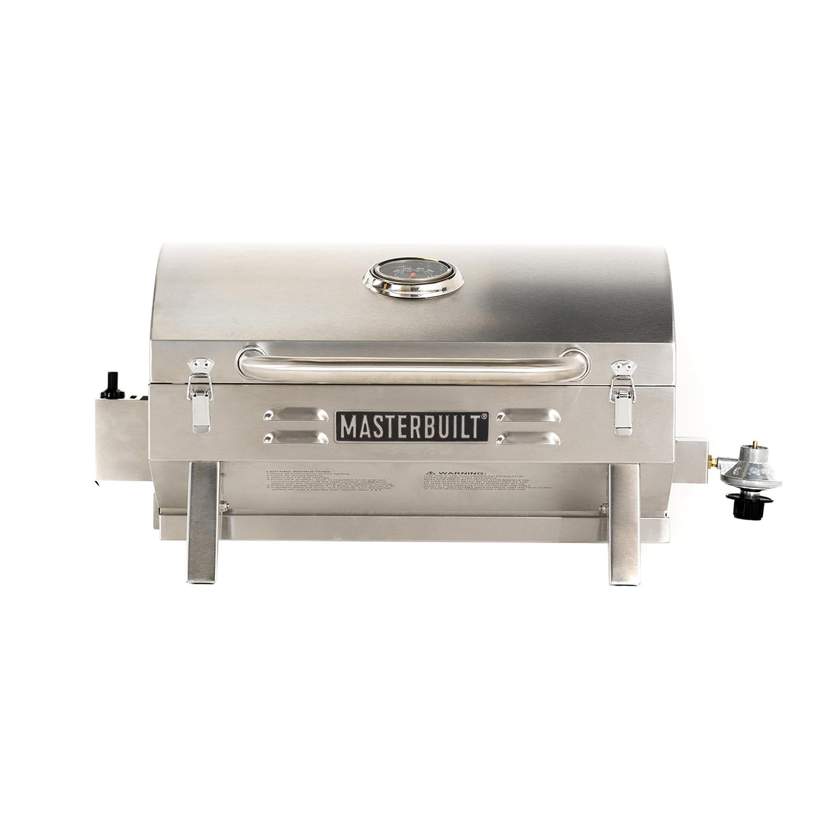 Masterbuilt front view of stainless steel grill shows durable construction and portability