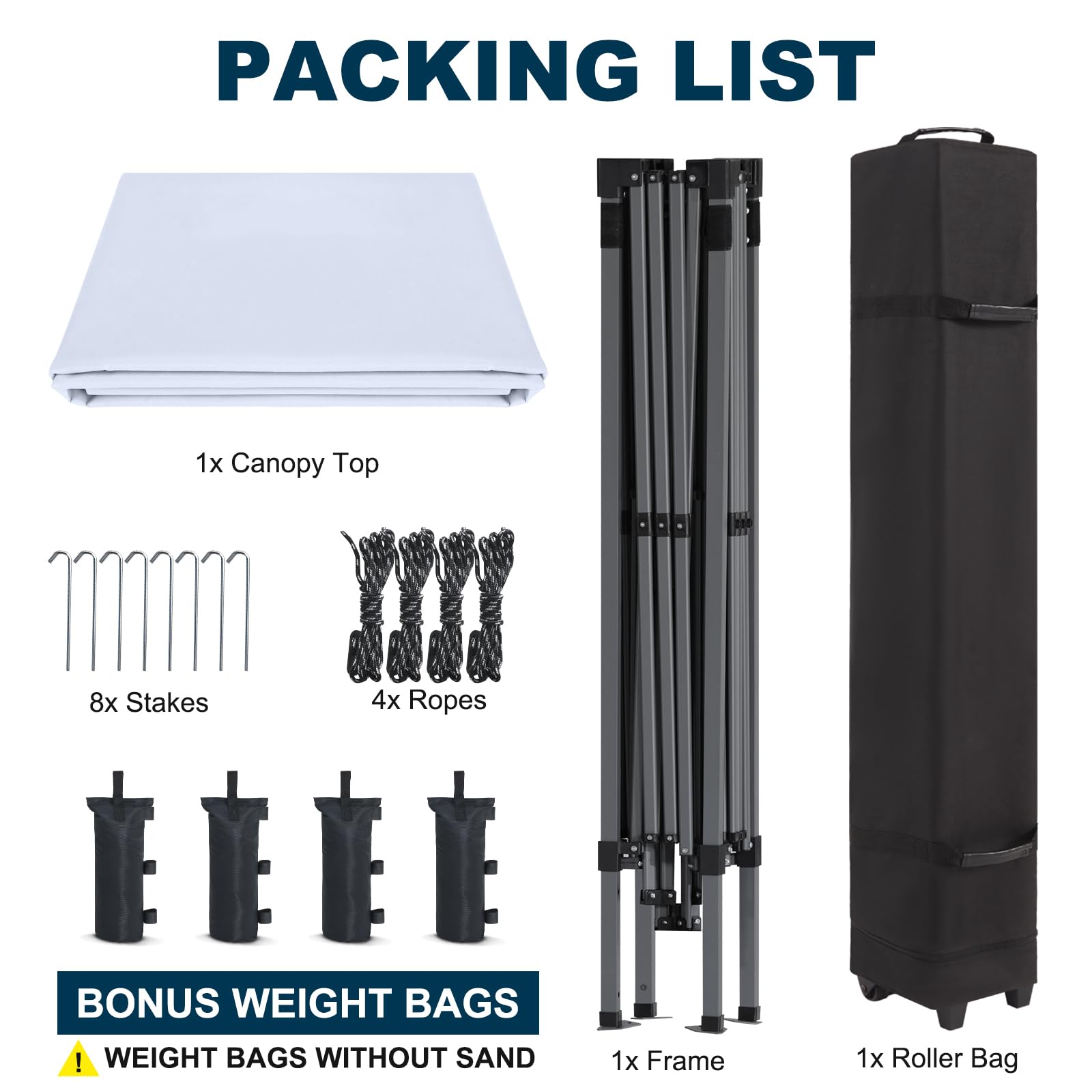 MASTERCANOPY stakes ropes and sandbags arranged to show secure anchoring options