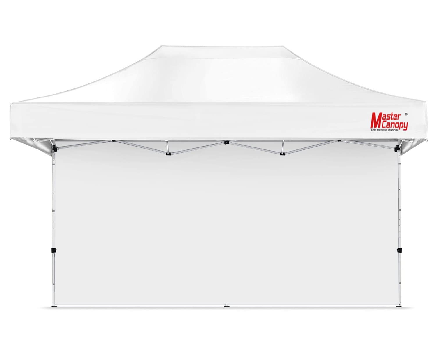 MASTERCANOPY white front panel showing full 10x20 side coverage and protection