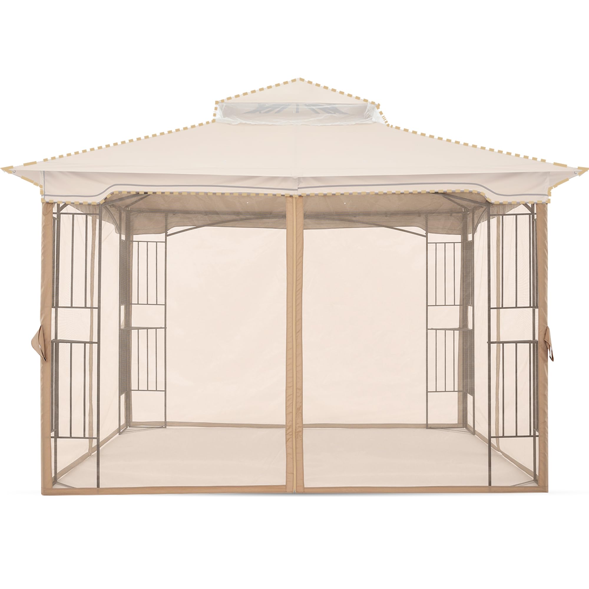 MASTERCANOPY front view of beige panels showing full gazebo coverage and insect protection
