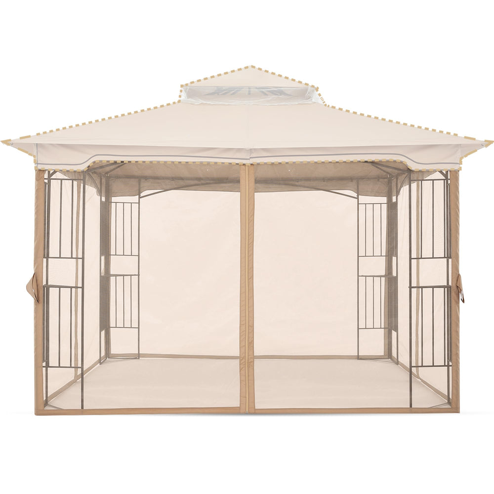 MASTERCANOPY front view of beige panels showing full gazebo coverage and insect protection