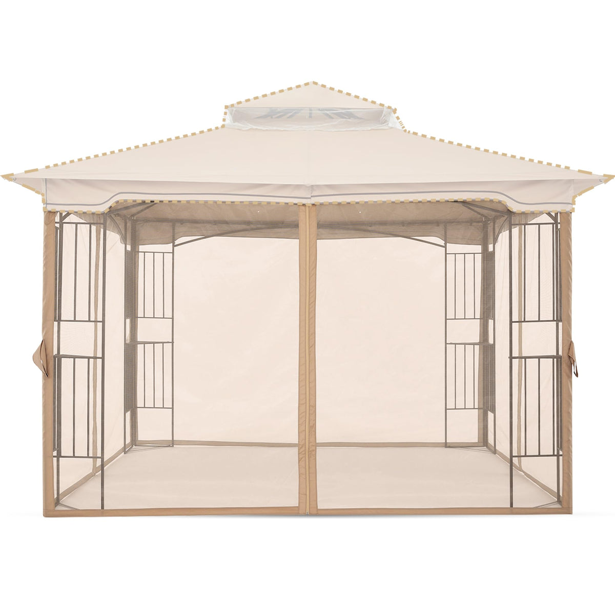 MASTERCANOPY front view of beige panels showing full gazebo coverage and insect protection
