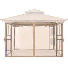 MASTERCANOPY front view of beige panels showing full gazebo coverage and insect protection