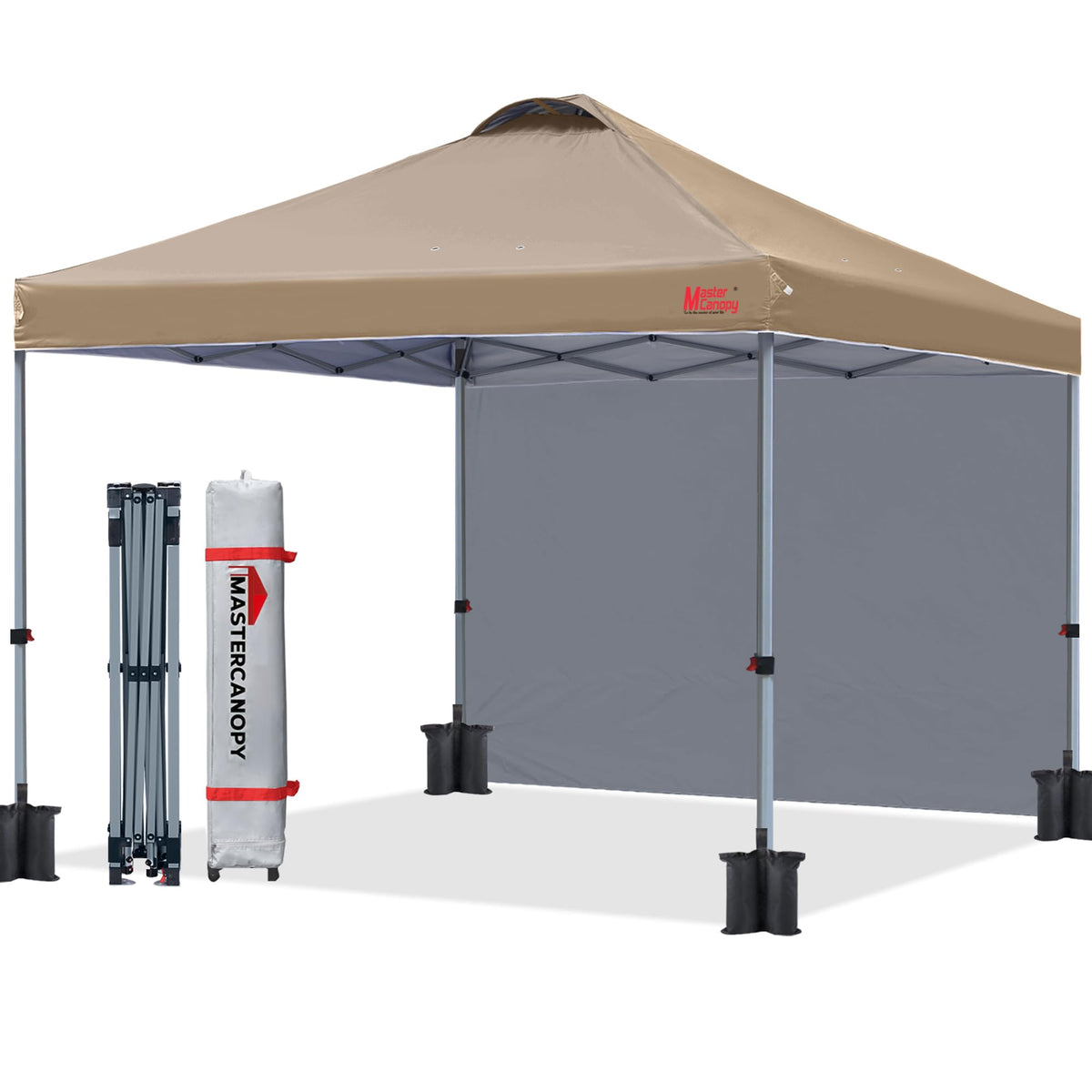 MASTERCANOPY front view khaki showing full canopy coverage and shade benefit