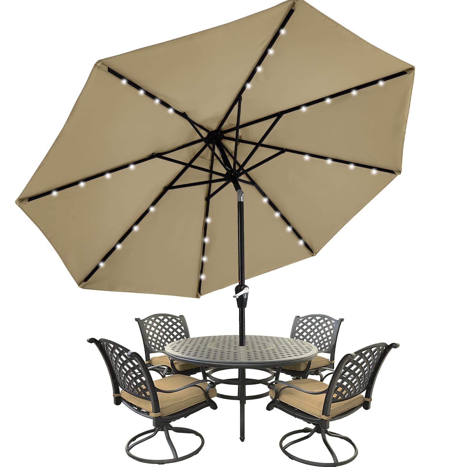 MASTERCANOPY front view open umbrella showing full 9ft shade and calming khaki