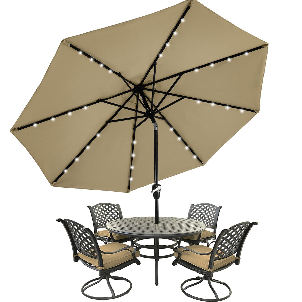 MASTERCANOPY front view open umbrella showing full 9ft shade and calming khaki
