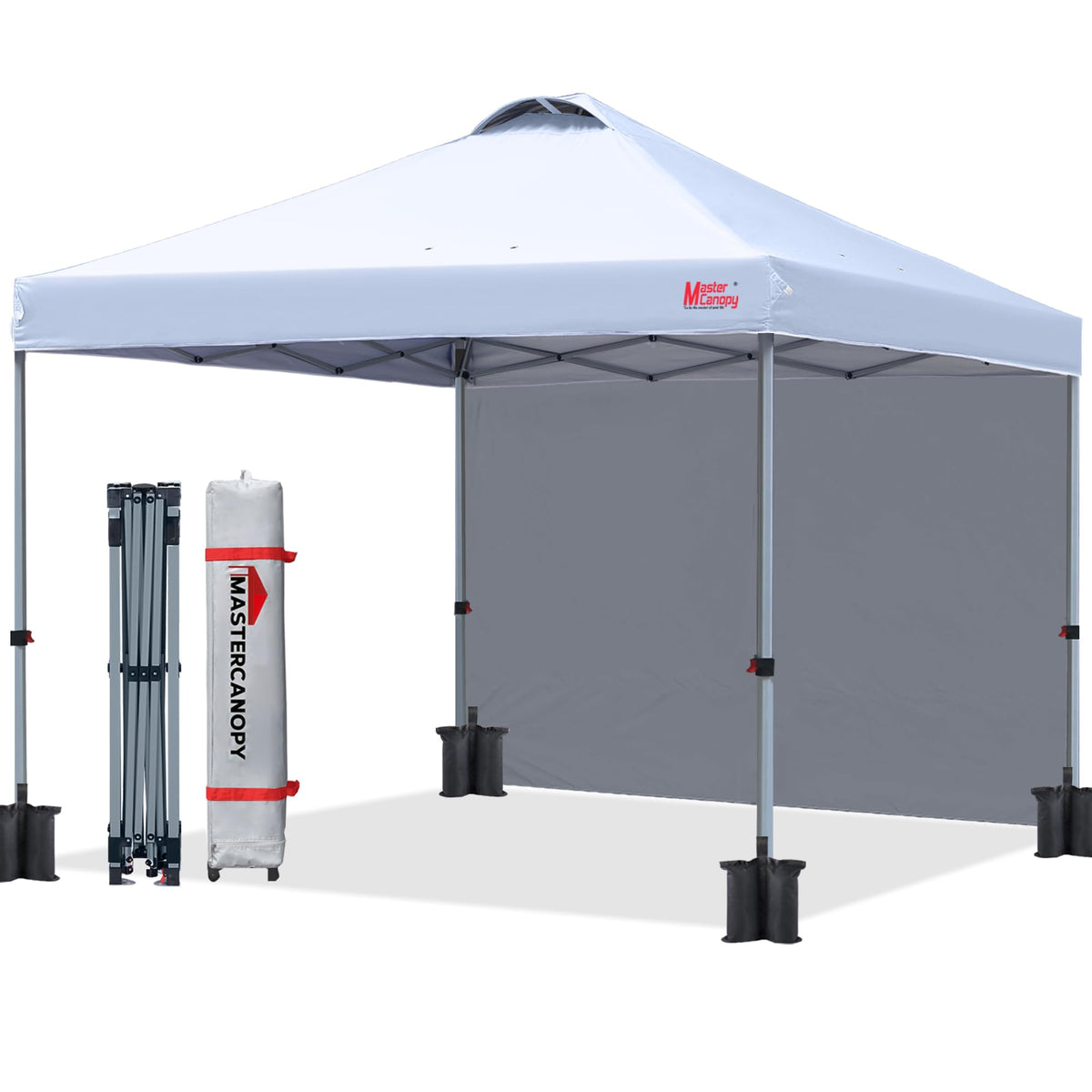 MASTERCANOPY front view showing white 8x8 shelter and shade benefit
