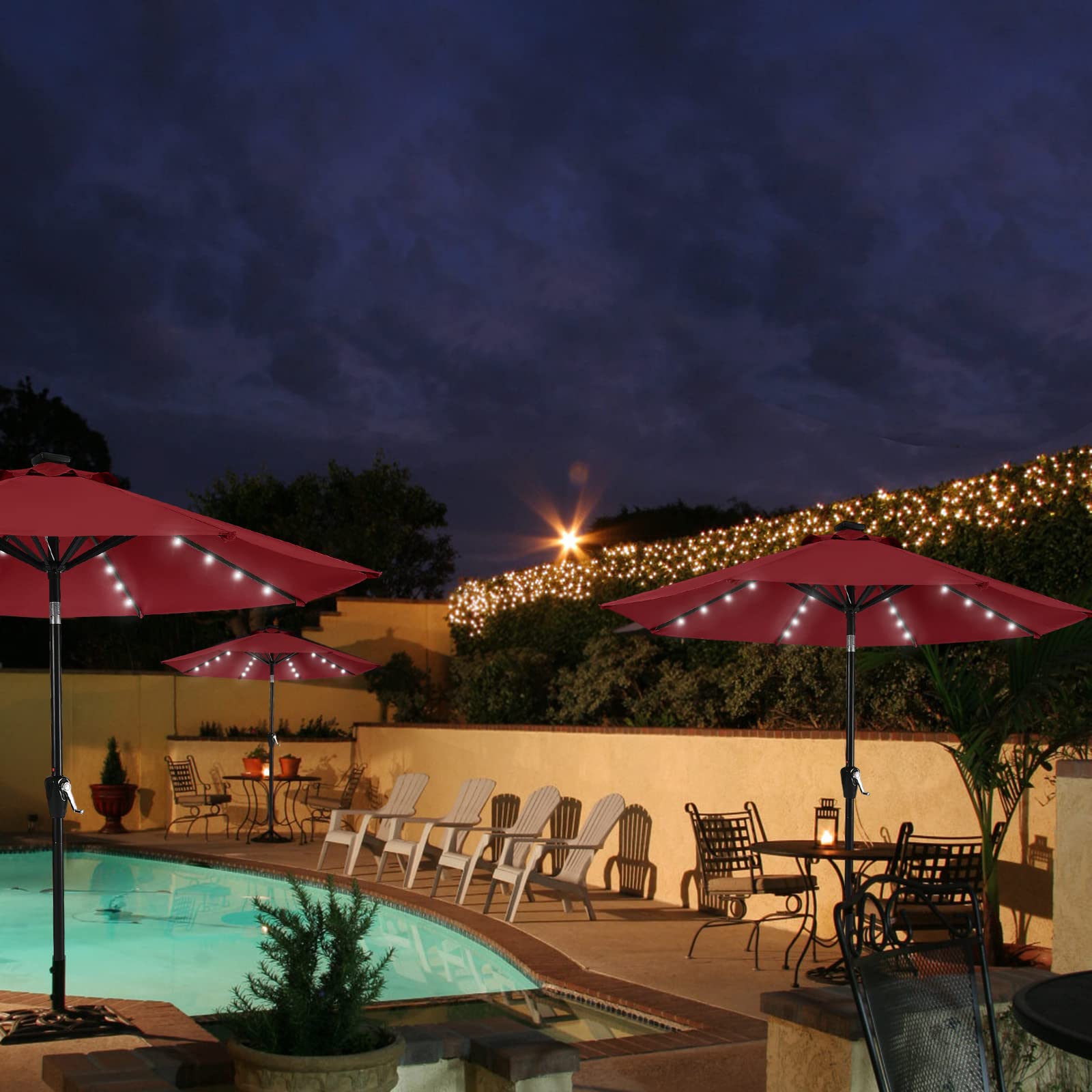 MASTERCANOPY lifestyle patio dining setup demonstrating shade and evening lighting benefit