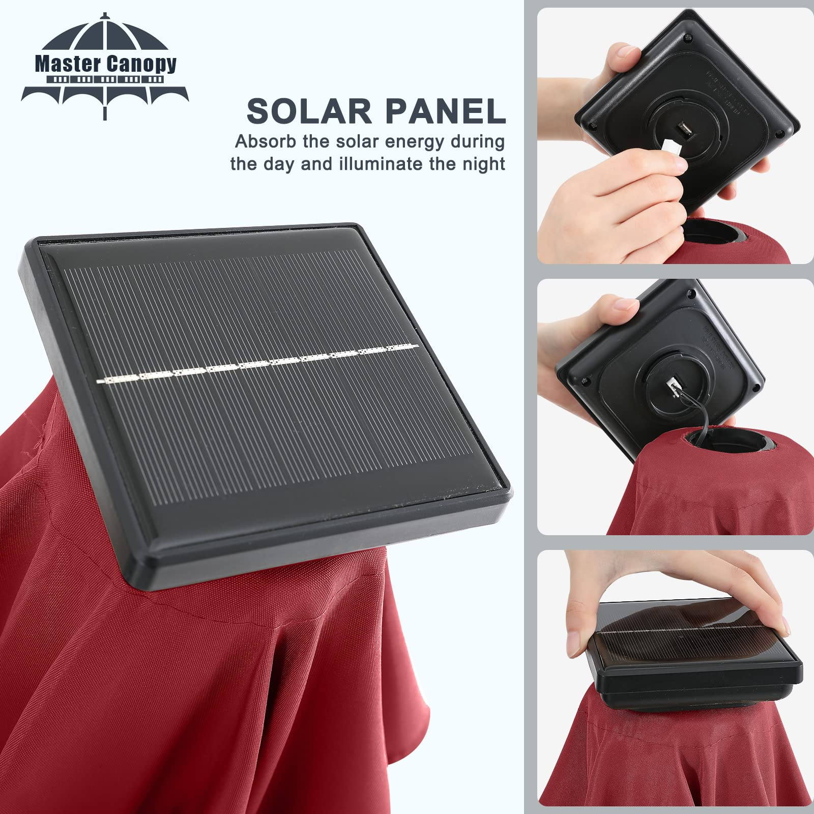 MASTERCANOPY top solar panel detail displaying charging surface for long-lasting illumination