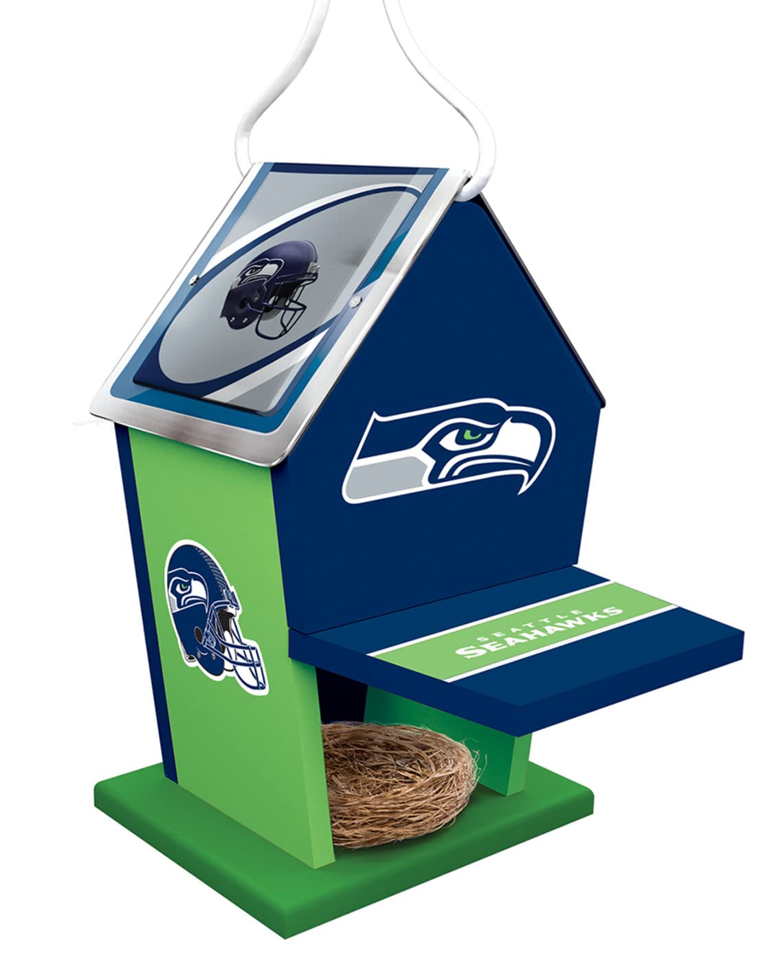 MasterPieces Seahawks birdhouse tin roof close-up highlights weather protection and decorative detail