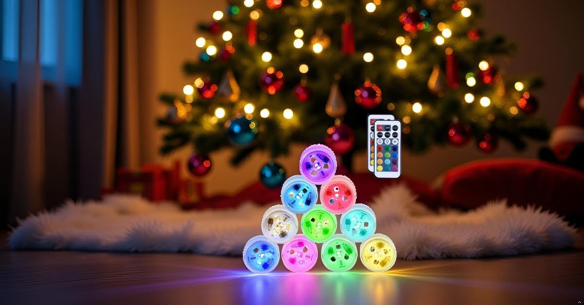 Close-up of Mata Leon tea light LED array showing bright multicolor chips for vivid light